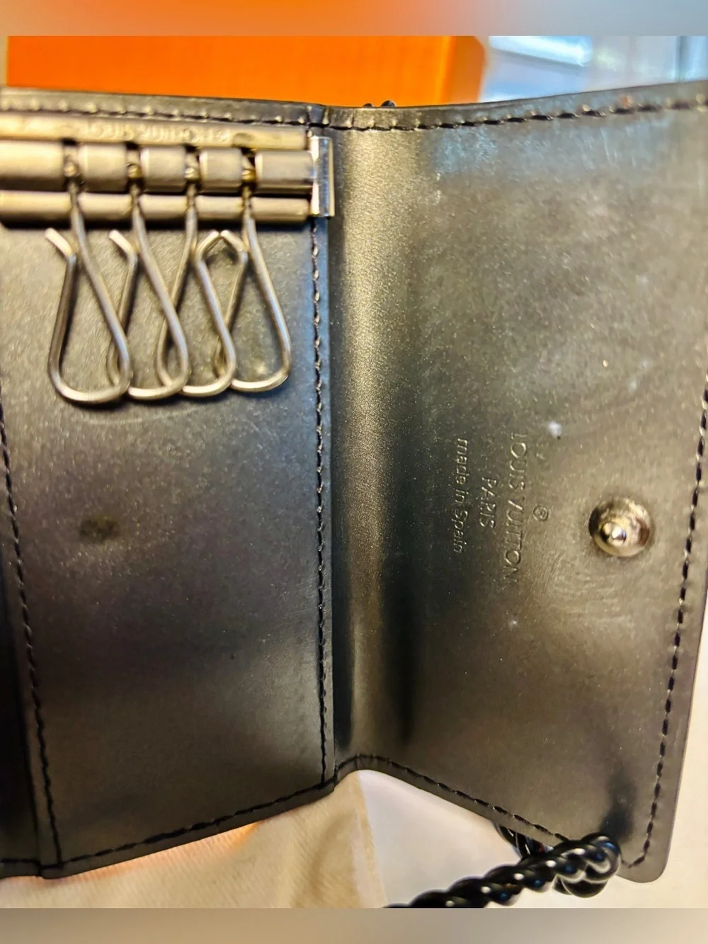 Louis Vuitton Charcoal Metallic Leather Key Holder w/LV Dust Bag| Box| Gift COA